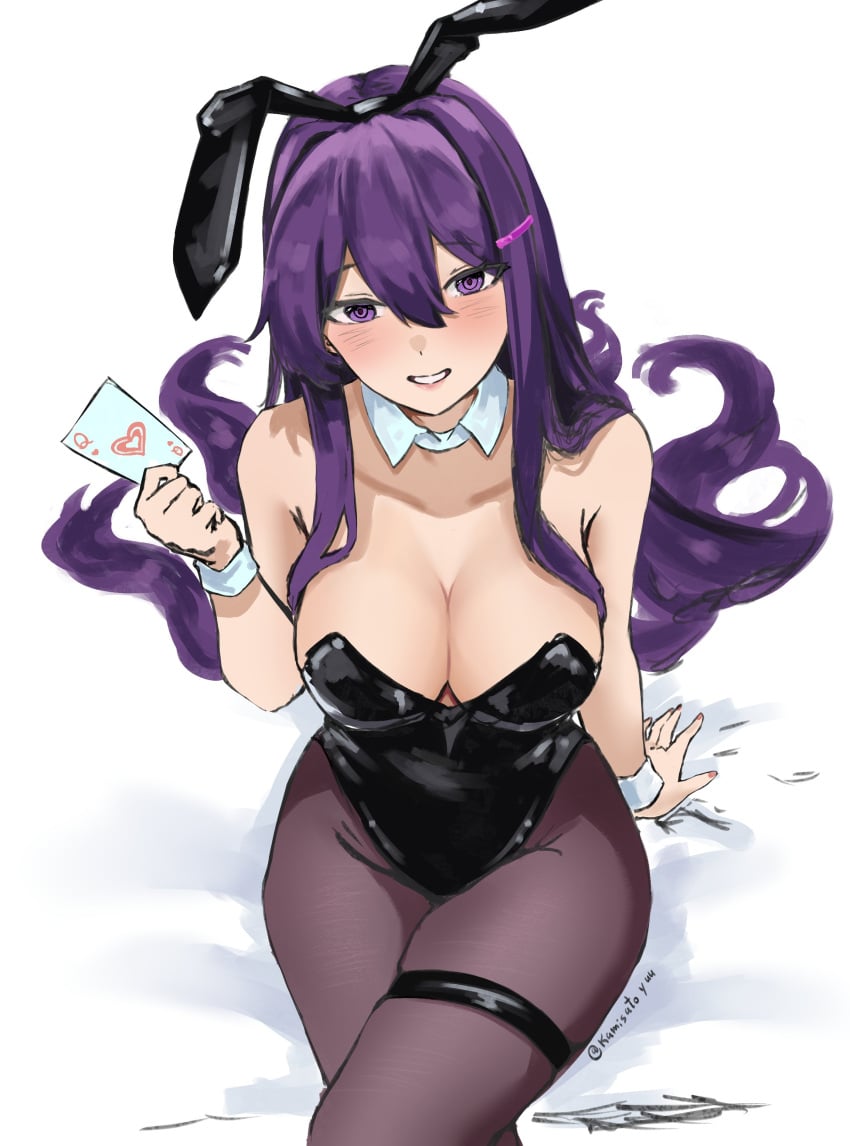 2024 blush breasts bunny_ears bunnysuit cleavage doki_doki_literature_club female female_only kamisato_yuu long_hair looking_at_viewer not_porn playing_card purple_eyes purple_hair queen_of_hearts sfw sitting sitting_down thighs white_background yuri_(doki_doki_literature_club)