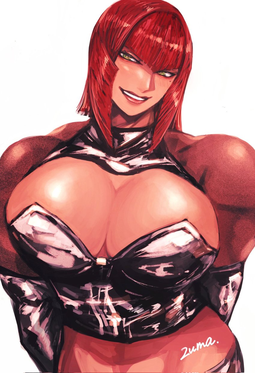 1boy abs animal_ears arms_behind_head bangs blush bow bowtie breasts cleavage clothing detached_collar female green_eyes heart large_breasts latex looking_at_viewer marisa_rossetti muscle muscular_female muscular_male navel open_mouth pantyhose pectorals red_hair revealing_clothes smile solo street_fighter thick_thighs thighs tongue tongue_out yellow_eyes zmnjo1440