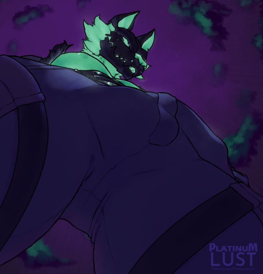 2024 anthro black_body bottomwear bulge canid canid_demon canine cerberus cerberus_(fortnite) clothed clothed_anthro clothing demon epic_games erect_nipples european_mythology fortnite glowing glowing_body glowing_eyes greek_mythology green_body hellhound hi_res leather leather_clothing low-angle_view male male/male mammal multi_head muscular muscular_anthro muscular_male mythological_canine mythological_creature mythology nipples pants pecs platinumlust solo topwear