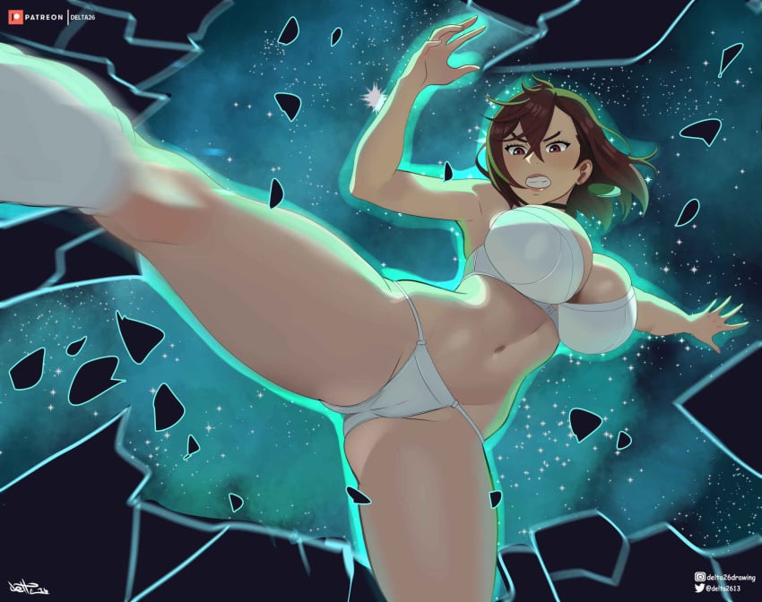 2d ayase_momo bangs bra breasts brown_eyes brown_hair choker cleavage clenched_teeth clothing dandadan debris delta26 delta2613 earrings energy female hair_between_eyes jewelry kicking large_breasts looking_at_viewer medium_hair navel pantsu short_hair solo stomach teeth thighs underwear underwear_only white_bra white_panties