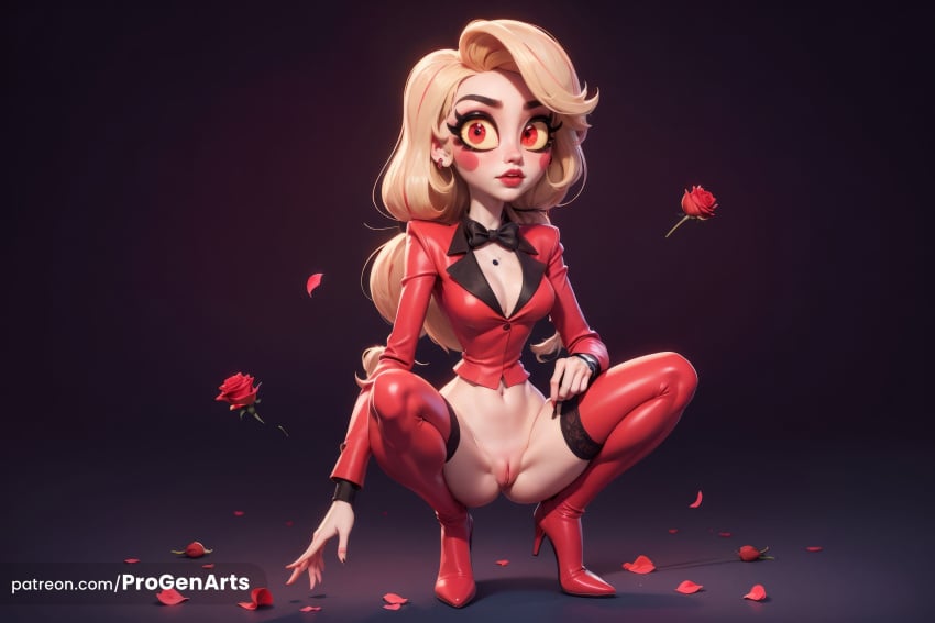 1girls ai_generated black_bow black_bowtie blonde_hair blush_stickers boots bottomless bow bowtie breasts charlie_morningstar_(hazbin_hotel) cleavage colored_sclera earrings flower full_body hazbin_hotel hi_res high_heel_boots high_heels jacket jewelry long_hair long_sleeves looking_at_viewer makeup navel necklace petals progenarts pussy red_eyes red_flower red_footwear red_jacket red_lips red_nails red_thighhighs rose shirt solo squatting thigh_boots thighhighs