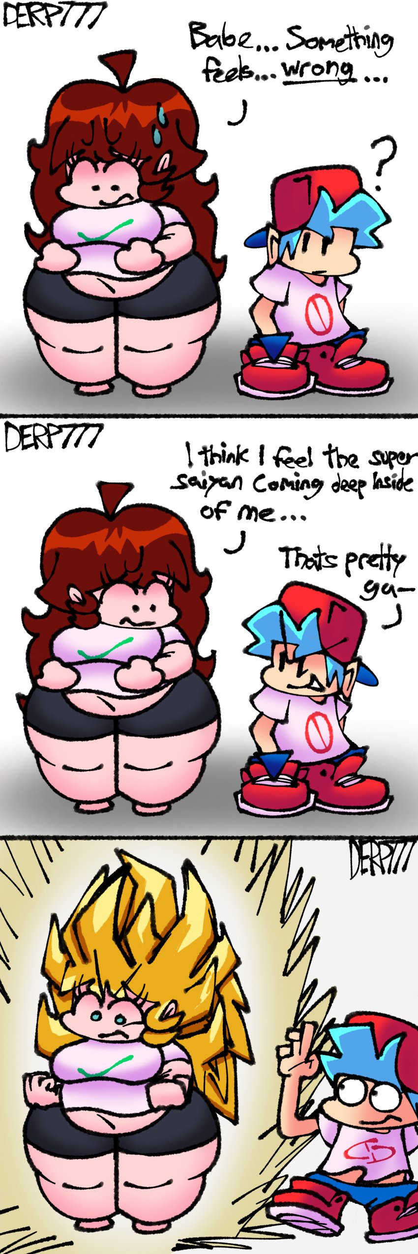 1boy 1girls angry auburn_hair aura blue_eyes blue_pants boyfriend_(friday_night_funkin) brown_hair chubby comic couple curious derp777 dialogue dragon_ball dragon_ball_z fat friday_night_funkin girlfriend_(friday_night_funkin) grey_shorts height_difference no_shoes obese pink_skin pissed_off red_cap red_shoes scared scared_expression shitpost shocked shocked_expression super_saiyan super_saiyan_3 sweat tagme teasing text transformation white_background white_shirt