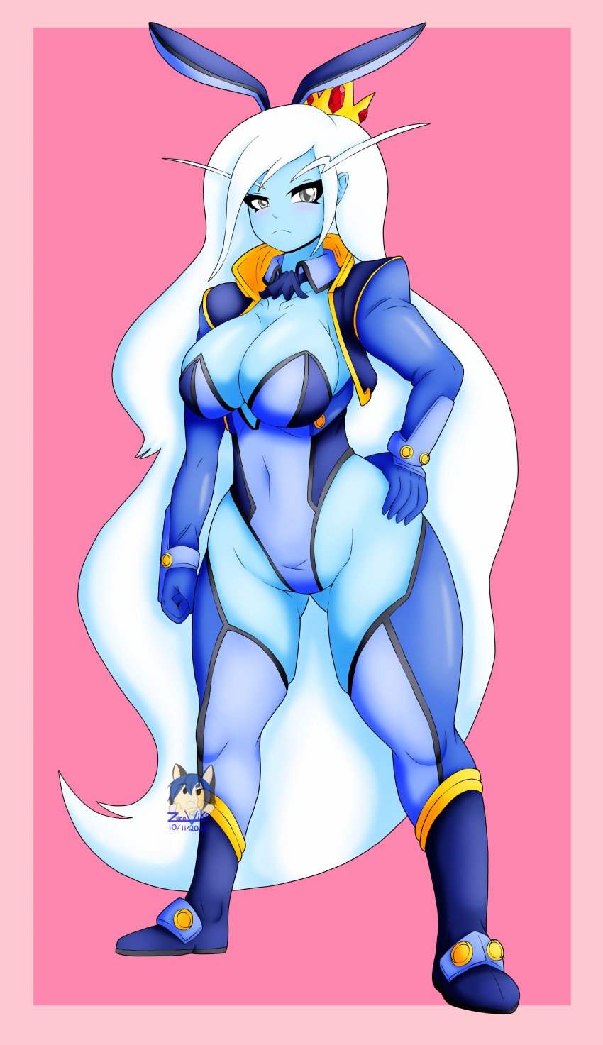 adventure_time blue_body blue_skin bunny_costume bunny_ears bunny_girl cartoon_network crown female female_focus female_only hand_on_hip human humanoid ice_queen_(adventure_time) warner_bros warner_brothers white_eyes white_hair zeroviks_(artist)