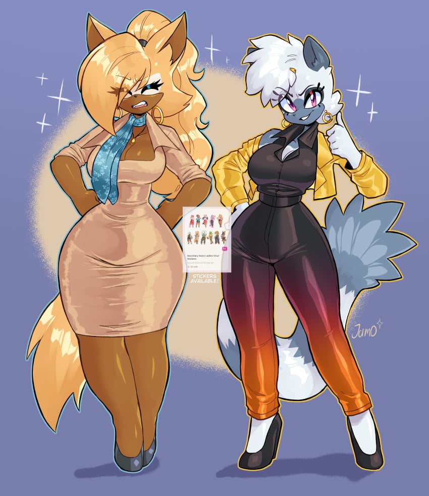 2girls animal animal_ears animal_nose anthro black_footwear blonde_hair blue_eyes blue_necktie breasts canine cleavage clothing colored_skin earrings female footwear fur furry furry_female gloves hair hair_over_one_eye hand_on_hip high-waist_pants high_heels hoop_earrings huge_breasts idw_publishing jacket jamoart jewelry large_breasts legwear long_hair long_sleeves looking_at_viewer makeup mammal multiple_girls necktie open_clothes open_mouth orange_fur pants ponytail purple_eyes sega shirt shoes skirt smile solo sonic_(series) sonic_the_hedgehog_(comics) sonic_the_hedgehog_(idw) standing tail tangle_the_lemur teeth text thighs topwear whisper_the_wolf white_hair wide_hips wolf_ears wolf_girl wolf_tail