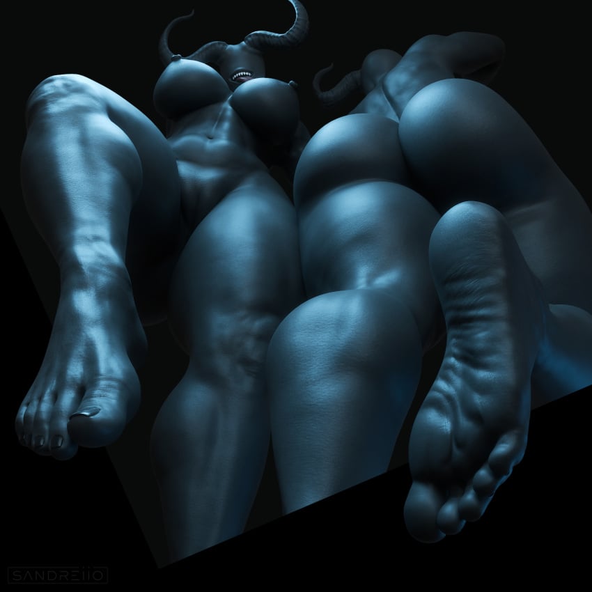 3d big_breasts demon feet feet_focus horns larger_female monster monster_girl nightmare_waifu no_eyes sandreiio