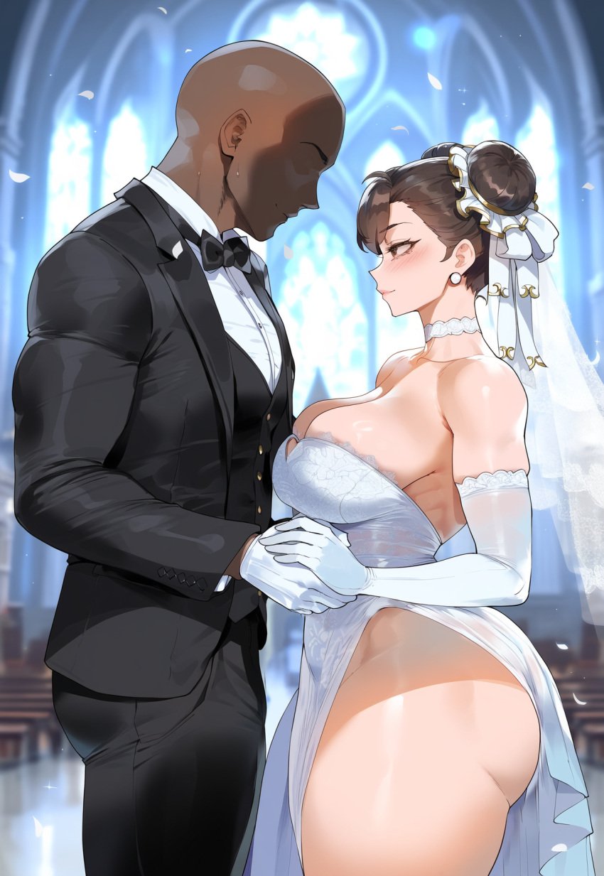 1boy 1girls ai_generated asian asian_female chun-li creamy_ai dark-skinned_male street_fighter street_fighter_6 tagme wedding_dress