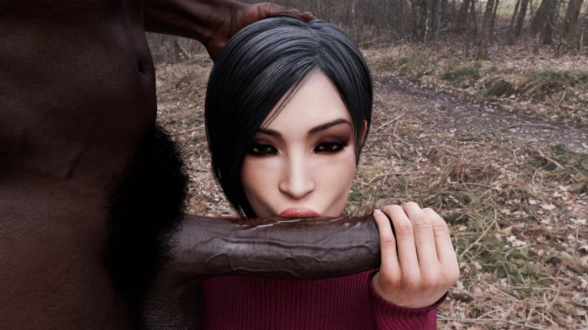 ada_wong ada_wong_(adriana) black_penis blowjob cabezadeperro00 clothed_female_nude_male dark-skinned_male eyelashes eyeshadow fellatio grabbing_head interracial light-skinned_female pubic_hair red_dress resident_evil resident_evil_4 submissive_female sucking_penis