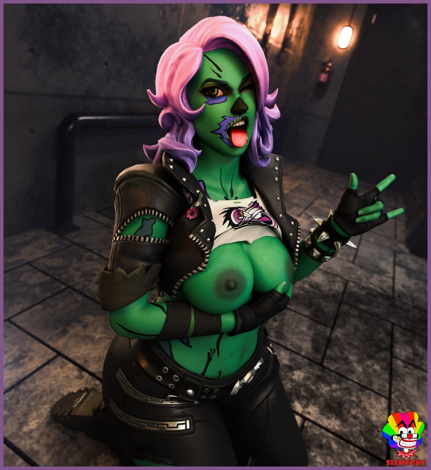 fortnite fortnite:_save_the_world green_skin partially_clothed penny_(fortnite) rotten_penny_(fortnite) shirt_lift slymyguy solo solo_female tagme tits_out tongue_out