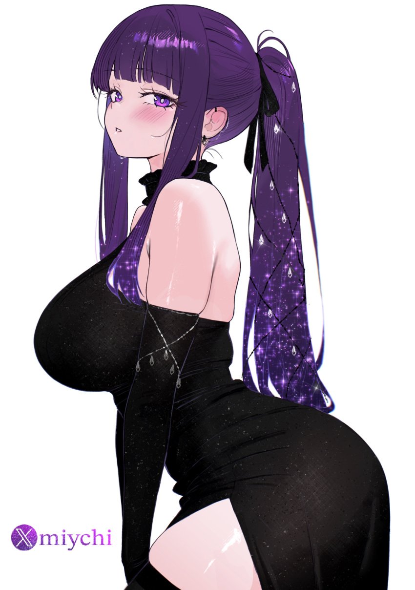 1girls absurdres bare_shoulders black_dress black_gloves blunt_bangs blush breasts commentary dress earrings elbow_gloves female fern_(sousou_no_frieren) from_side gloves hair_ribbon halter_dress halterneck highres jewelry large_breasts long_hair looking_at_viewer looking_to_the_side miychi ponytail purple_eyes purple_hair ribbon side_slit sidelocks simple_background solo sousou_no_frieren standing thighhighs white_background white_ribbon white_thighhighs