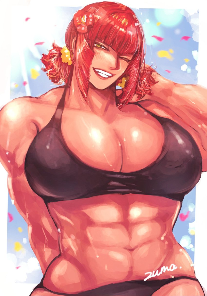 1girls abs bangs beach big_breasts black_bra blush breasts clavicle cleavage clothing cowboy_shot diagonal_bangs female green_eyes highres huge_breasts large_breasts looking_at_viewer marisa_rossetti mole mole_under_eye muscle muscular muscular_female navel open_mouth pectorals red_hair revealing_clothes short_hair sidelocks smile solo solo_female spread_legs street_fighter street_fighter_6 swimsuit thick_thighs thighs white_background zmnjo1440