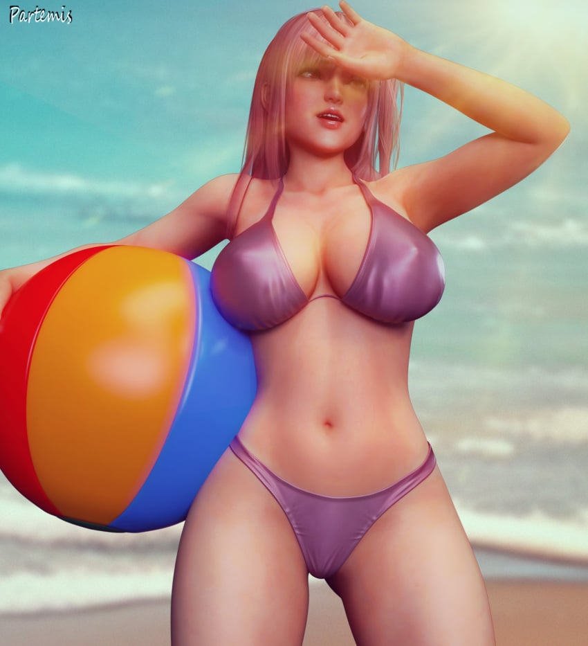 1girls 3d beach breasts dead_or_alive female female_focus female_only honoka_(doa) large_breasts light-skinned_female light_skin partemis purple_underwear solo solo_female solo_focus underwear