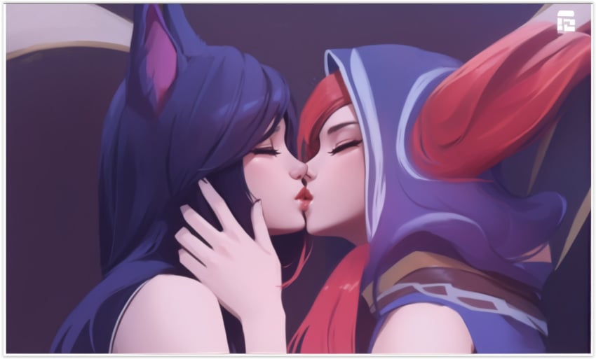 2girls ahri ai_generated girl_on_girl kissing league_of_legends lesbian_couple lesbian_kiss lovers vastaya xayah yuri yuri