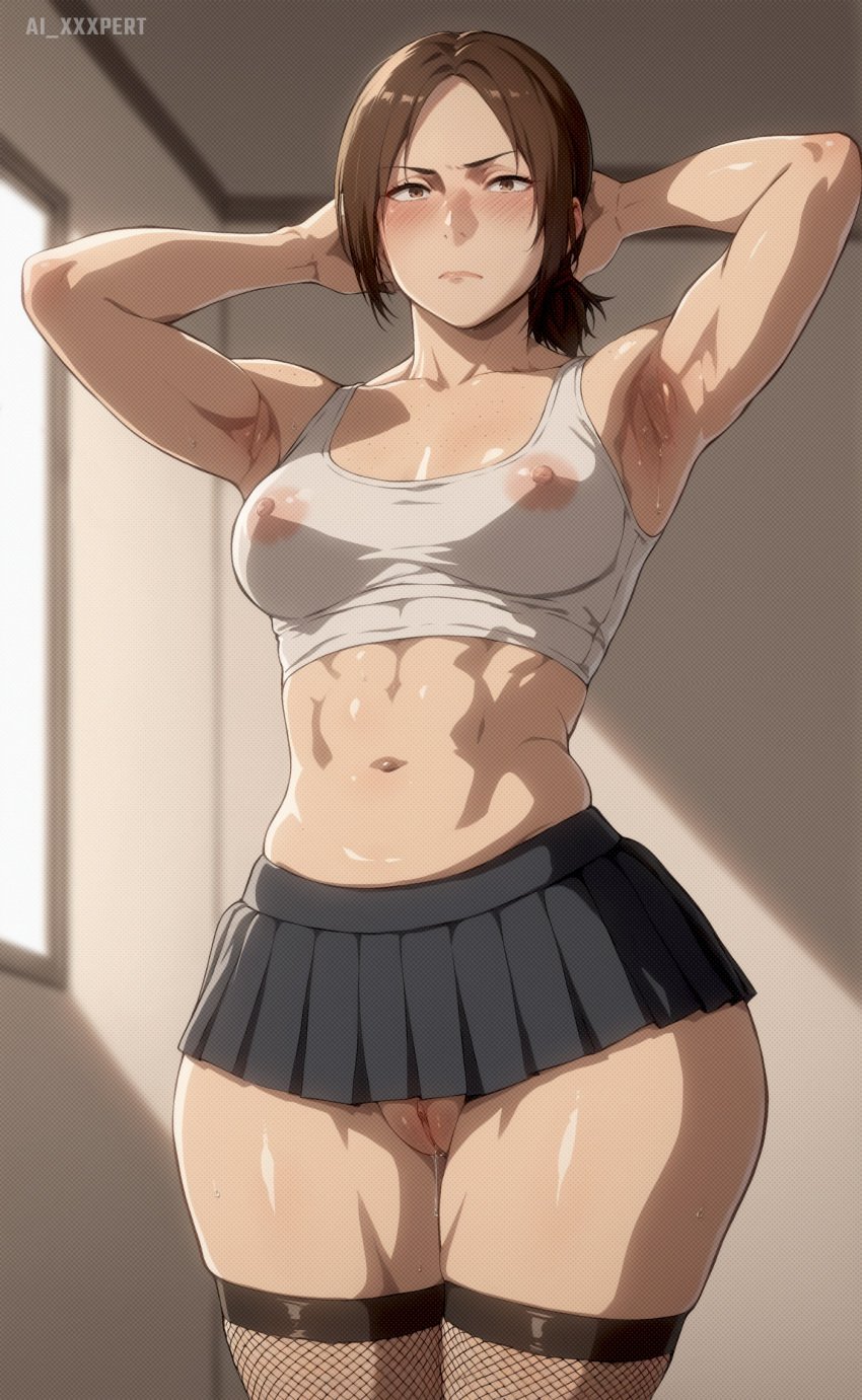 1girls abs ai_generated ai_xxxpert areolae areolae_visible_through_clothing armpits arms_behind_head arms_up attack_on_titan blush blushing_at_viewer breasts breasts_apart brown_eyes brown_hair clavicle cleft_of_venus closed_mouth clothing collarbone cowboy_shot day facing_viewer female female_only fishnet_legwear fishnet_stockings fishnets half-closed_eyes indoors legs_together lips looking_at_viewer medium_breasts micro_skirt muscular muscular_arms muscular_female muscular_legs muscular_thighs navel nipples nipples_visible_through_clothing no_panties pussy sexy_armpits shingeki_no_kyojin shiny shiny_skin short_hair short_skirt shy skirt solo sports_bra standing stomach sweat thick_thighs thight_clothing vagina wet wide_hips ymir ymir_(shingeki_no_kyojin)