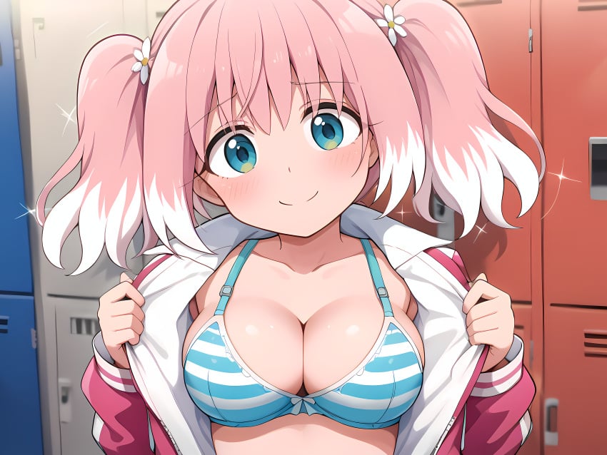 ai_generated blue_eyes bra hiiragi_nana medium_breasts open_shirt pink_hair twintails