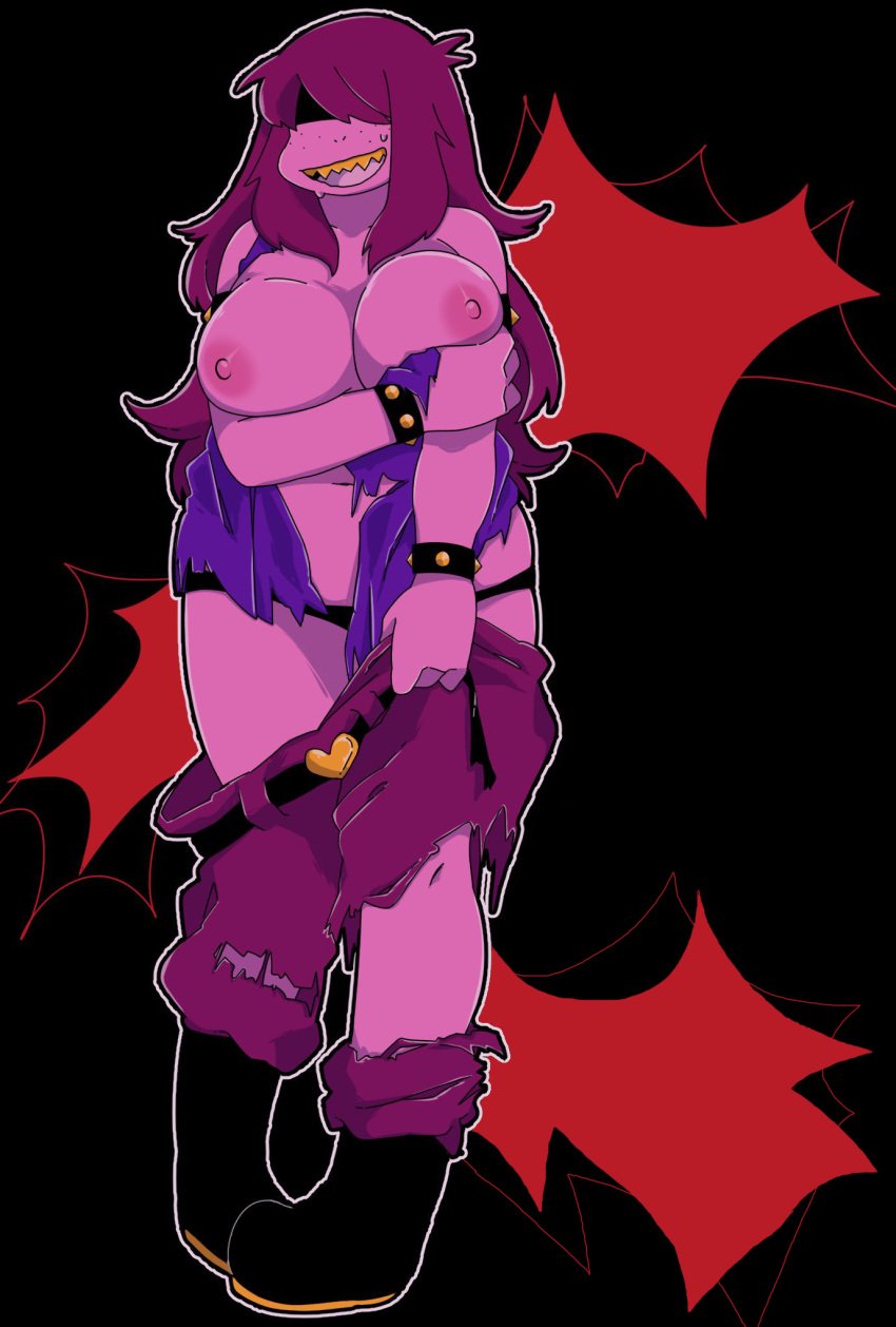 2019 accidental_exposure alternate_version_available arm_on_breast assisted_exposure big_breasts breasts_out clothes_falling_off deltarune embarrassed embarrassed_nude_female enf exposed_breasts female female_focus full_body hair_over_eyes high_resolution holding_own_breast long_hair looking_at_viewer no_bra no_sex panties partially_nude partially_nude_female ripped_clothing scalie scalie_female scalie_humanoid sharp_teeth simple_background snout solo solo_female solo_focus source_request spiked_bracelet squeezing_breast susie_(deltarune) textless underchikichan undertale_(series) useless_clothing