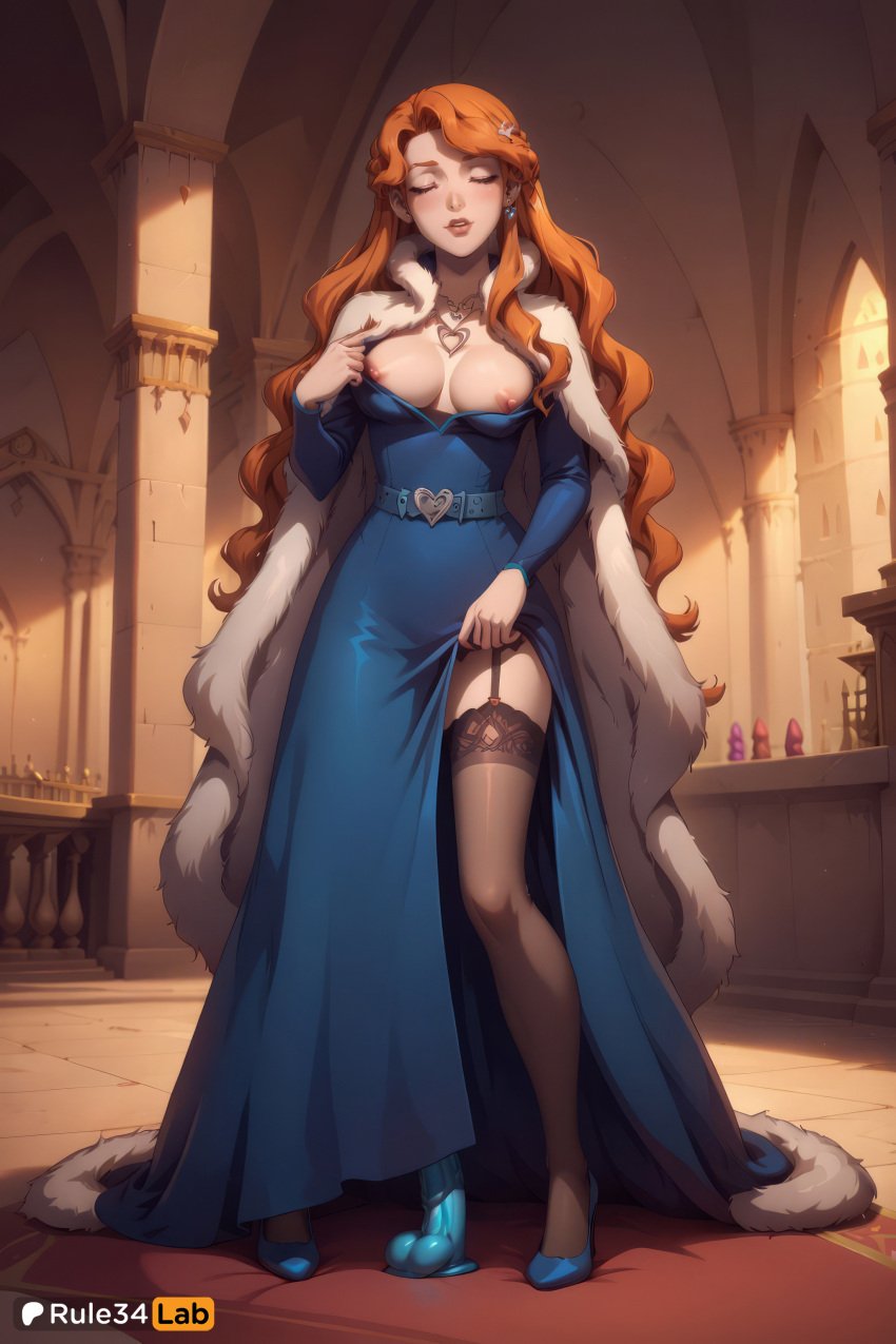 1girls ai_generated artist_name black_thighhighs blue_dress blue_footwear braid breasts cape castlevania castlevania_(netflix) closed_eyes clothes_lift dildo dress dress_lift earrings flashing full_body fur_trim garter_straps hair_ornament hi_res high_heels indoors jewelry lenore_(castlevania) lips long_hair medium_breasts necklace nipples no_bra orange_hair patreon_username rule34lab sex_toy solo standing thighhighs wavy_hair