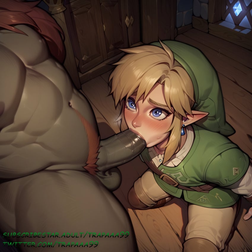 ahe_gao ai_generated blowjob femboy ganondorf kneeling link male male_on_femboy shorthair trap trapaaa99 yaoi