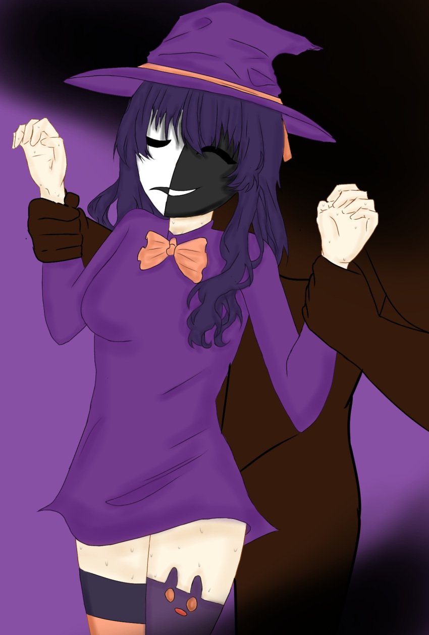 1boy 1boy1girl 1girls dark_skin hat jaki mask neriki orange_bow purple_hair sweat tsbd wendy(tsbd) witch