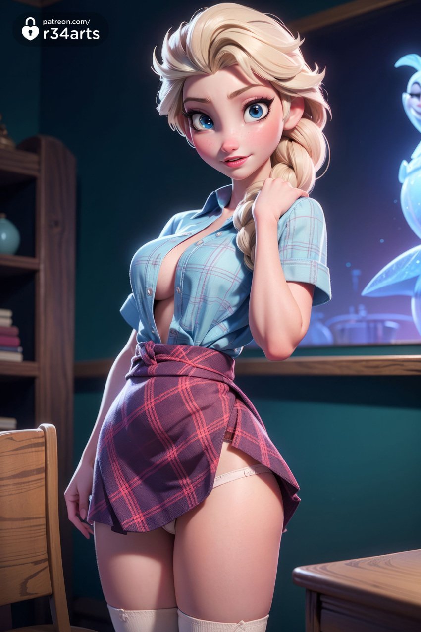 1girls ai_generated artist_name blonde_hair blue_eyes blue_shirt braid breasts collared_shirt desk disney disney_princess elsa_(frozen) freckles frozen frozen_(film) frozen_2 hair_over_shoulder hi_res indoors lips long_hair looking_at_viewer medium_breasts miniskirt no_bra open_clothes open_shirt panties pantyshot parted_lips partially_unbuttoned patreon_username plaid plaid_skirt r34arts shirt shirt_tucked_in short_sleeves single_braid skirt smile solo standing table thighhighs unbuttoned unbuttoned_shirt underwear web_address white_panties white_thighhighs