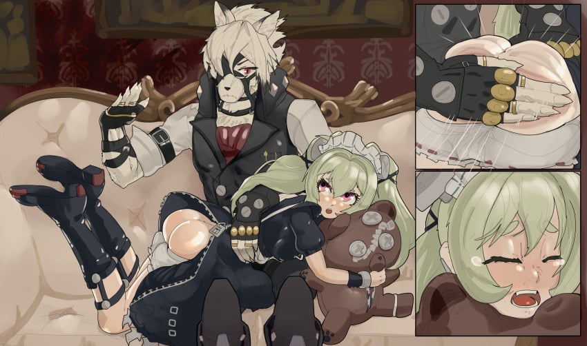 1boy 1girls anthro ass ass_grab bare_ass corin_wickes female_on_anthro green_hair hoyoverse human_on_anthro lycaon maid maid_headdress maid_uniform male_anthro/female_human mihoyo perpentach pink_eyes skirt_lift spanking victoria_housekeeping von_lycaon zenless_zone_zero