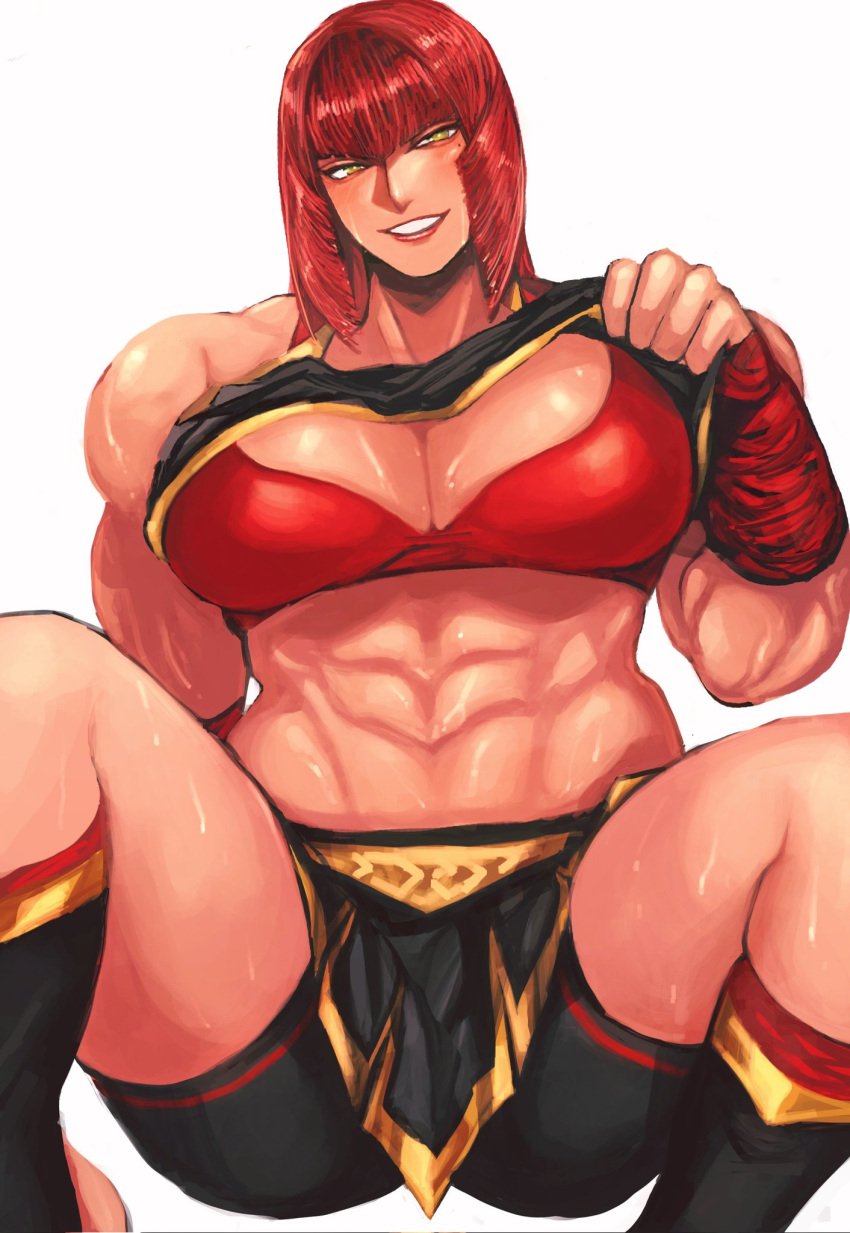 1girls abs bangs big_breasts blush bra bra_lift breasts clavicle clothing cowboy_shot diagonal_bangs female green_eyes highres huge_breasts large_breasts lifted_by_self looking_at_viewer marisa_rossetti mole mole_under_eye muscle muscular muscular_female navel one_eye_closed open_mouth pectorals presenting presenting_breasts red_hair revealing_clothes shirt_lift short_hair sidelocks smile solo solo_female spread_legs street_fighter street_fighter_6 thick_thighs thighs undressing white_background zmnjo1440