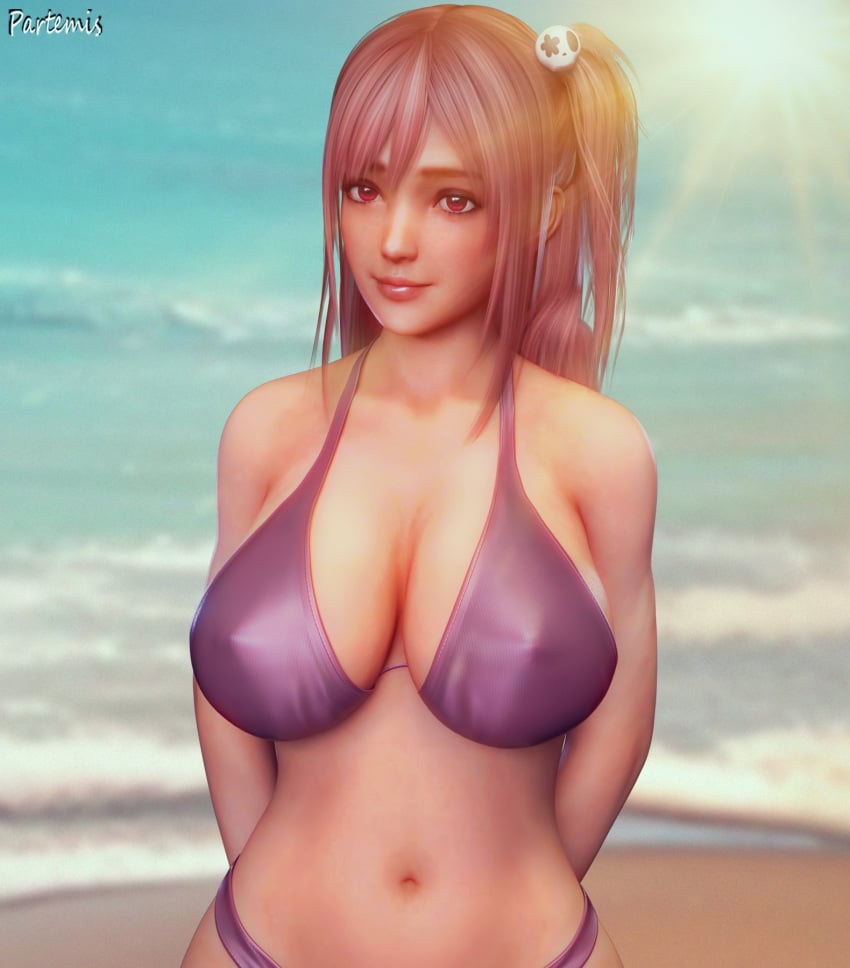 1girls 3d beach breasts dead_or_alive female female_focus female_only honoka_(doa) large_breasts light-skinned_female light_skin partemis purple_underwear solo solo_female solo_focus underwear