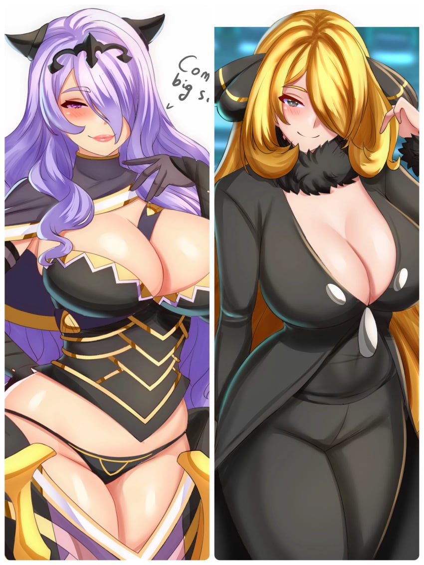 2girls anisdrawn ara_ara big_breasts big_sister bikini_armor breasts camilla_(fire_emblem) cleavage curvy cynthia_(pokemon) fire_emblem fire_emblem_fates hair_over_one_eye midriff nintendo pokemon pokemon_dppt seductive seductive_look thighhighs thighs tight_clothing