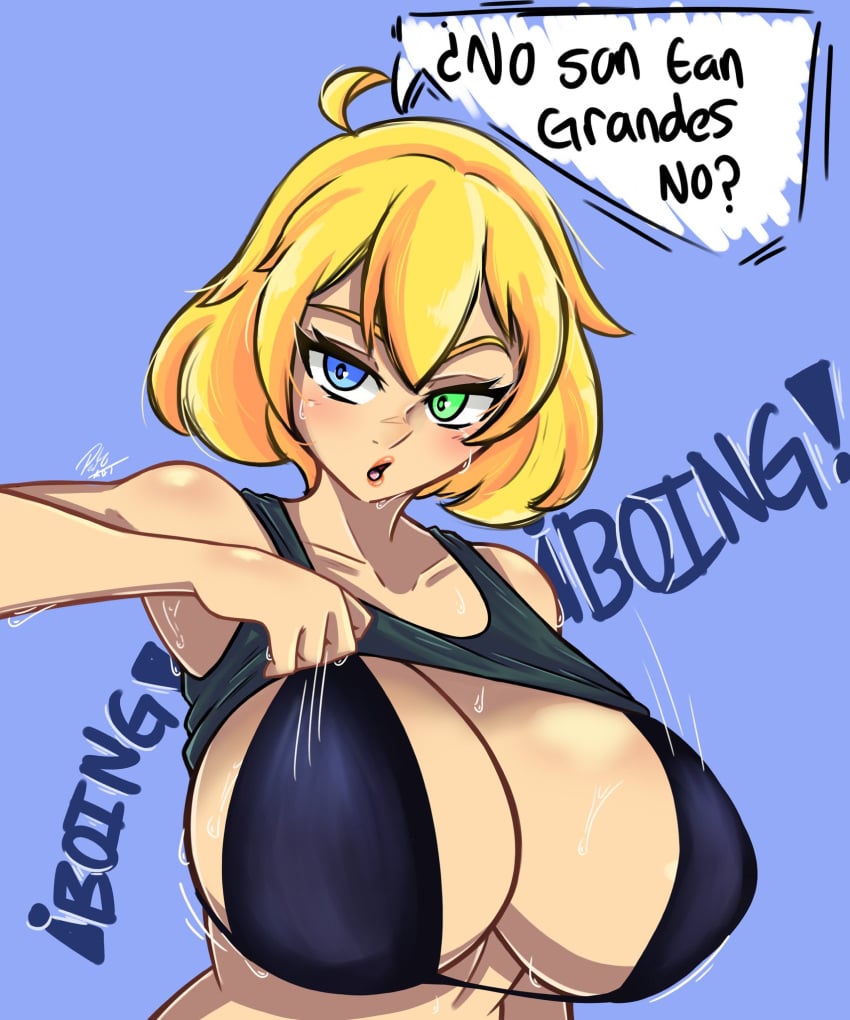 1girls ahoge bare_shoulders big_breasts blonde_hair blue_bra blue_eyes blush boobs bra breasts breasts_bigger_than_head clothed el_diario_de_jonathan female gigantic_breasts green_eyes heterochromia jayden_murtons large_breasts massive_breasts petina petoart presenting presenting_breasts short_hair solo solo_female spanish_text sweat tank_top tank_top_up translated