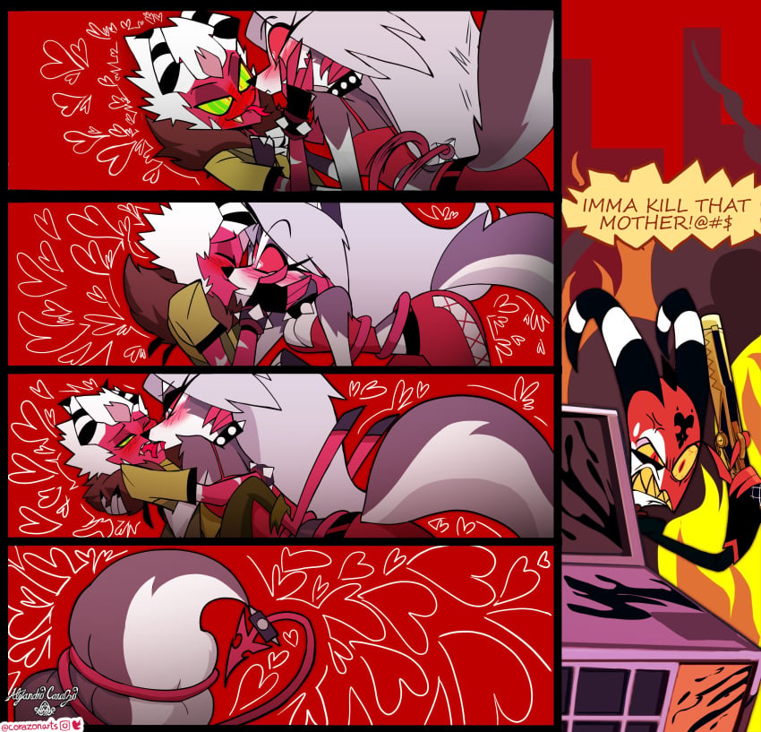 anthro anthro_on_anthro blitzo_(helluva_boss) canid canid_demon canine comic corazonarts demon duo eye_contact female fire gun hellhound helluva_boss hi_res imp kissing long_tongue looking_at_another loona_(helluva_boss) male male/female male_anthro mammal original_character red_skin romantic romantic_ambiance romantic_couple seductive spiked_collar tagme tail tail_wagging tail_wrap thick_thighs toe_claws toes tongue white_fur white_hair white_paws wolf