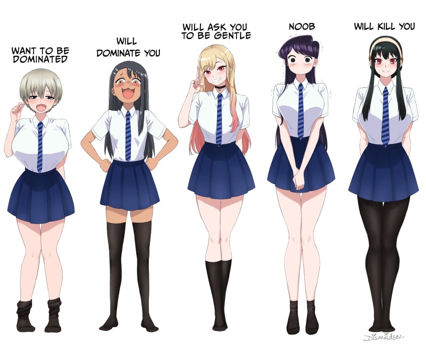 5girls absurdres big_breasts black_hair blonde_hair breasts brown_hair choker commentary crossover dismaiden english_commentary english_text flat_chest flat_chested full_body giant_breasts hairband hayase_nagatoro height_difference highres huge_breasts kitagawa_marin komi-san_wa_komyushou_desu komi_shouko large_breasts legs long_hair looking_at_viewer medium_breasts meme multiple_crossover multiple_girls no_legwear pantyhose please_don&#039;t_bully_me,_nagatoro red_eyes school_uniform short_hair signature simple_background small_breasts sono_bisque_doll_wa_koi_wo_suru spy_x_family standing tan thigh_gap thighhighs thighs uzaki-chan_wa_asobitai! uzaki_hana v watermark white_background white_hair white_skin yor_briar