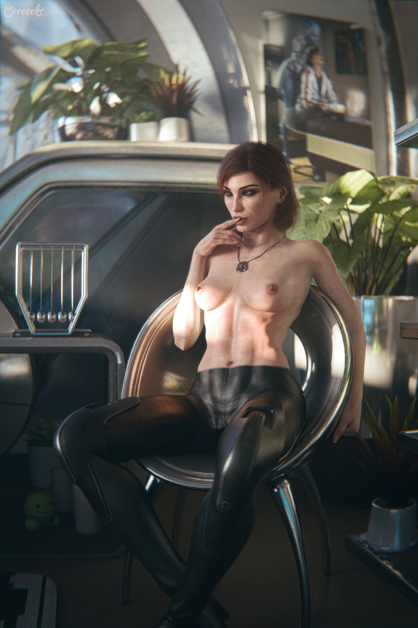 1girls 2024 3d areolae auburn_hair black_eyeliner black_eyeshadow casual_nudity ceeeeekc commander_shepard crossed_feet detailed dog_tags eyeliner eyeshadow female female_abs female_only femshep finger_in_mouth freckles freckles_on_face heavy_eyeshadow highly_detailed indoors jane_shepard knees_apart_feet_together lipstick long_fingernails mass_effect medium_breasts medium_hair nipple_piercing nipples pants pierced_nipples potted_plant red_lipstick sitting sitting_in_chair skintight_clothing solo tight_pants