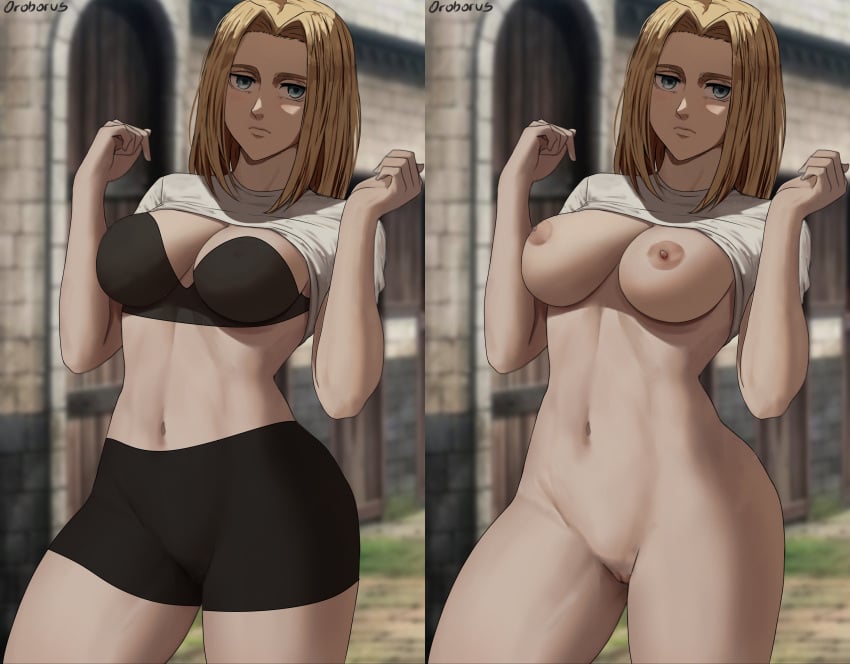 1girls attack_on_titan belly belly_button bra breasts christa_lenz edit edited female female_only historia_reiss nipples nude nude_female pants pussy savagexthicc shingeki_no_kyojin solo thick_thighs thighs third-party_edit