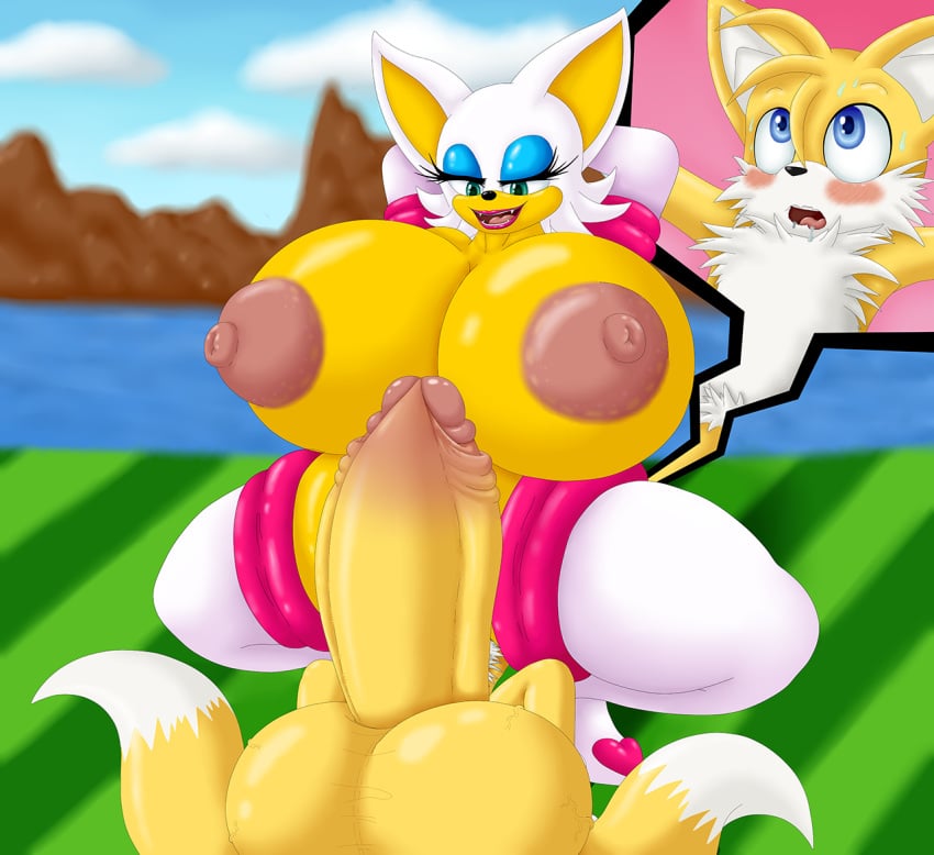 anthro balls bat big_balls big_breasts blue_eyes blush breasts canine clothing duo erect_nipples erection female foreskin fox fur furry_tail green_eyes huge_balls huge_breasts hyper hyper_balls hyper_breasts legwear male mammal multi_tail nipples open_mouth penis pose pussy raised_arm rouge_the_bat saliva senos small_but_hung sonic_(series) tail tails tails_the_fox thigh_highs uncircumcised