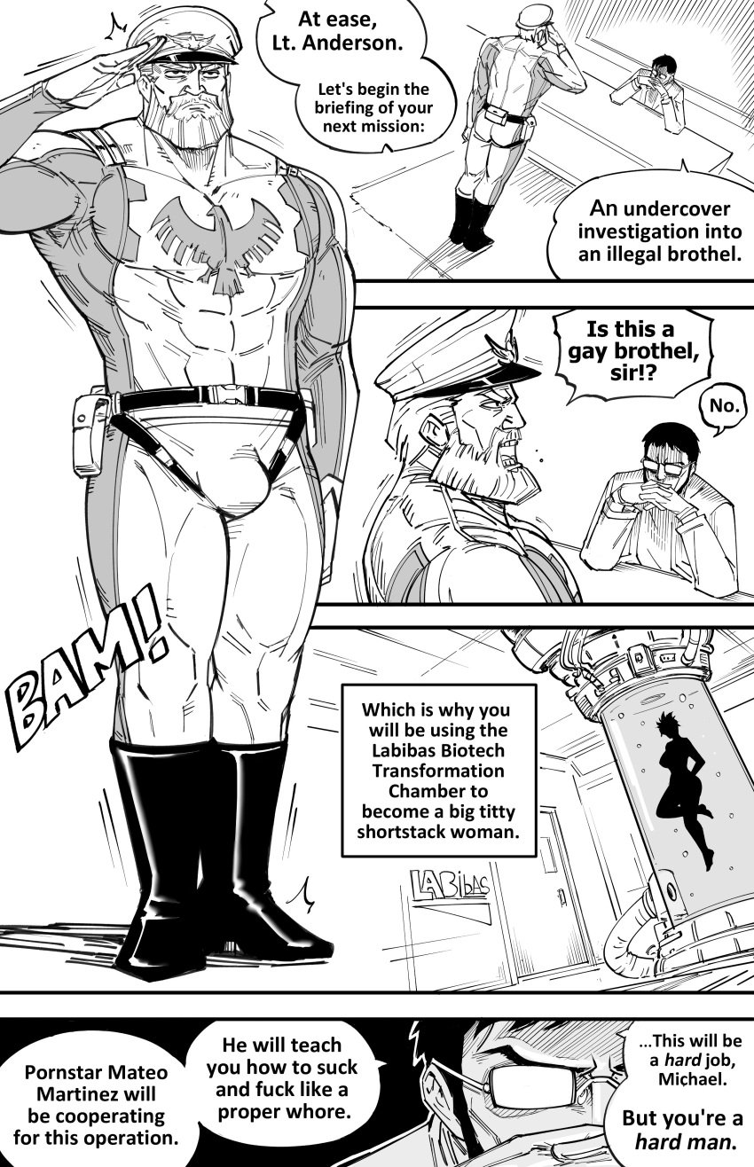 bara bb_(baalbuddy) beard bulge comic commission english_text gender_transformation genderswap_(mtf) gendo_ikari gendo_pose michael_anderrson military_uniform muscular muscular_male neon_genesis_evangelion original original_character rule_63 salute text