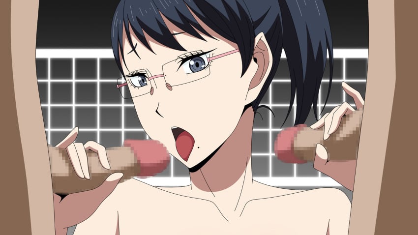 black_hair blue_eyes censored collarbone dark-skinned_male dark_blue_hair double_handjob female glasses haikyuu!! handjob highres long_hair looking_at_viewer medium_hair mole mosaic_censoring nude open_mouth oral penis ponytail shimizu_kiyoko simple_background solo_focus tied_hair tongue tongue_out upper_body volleyball volleyball_net