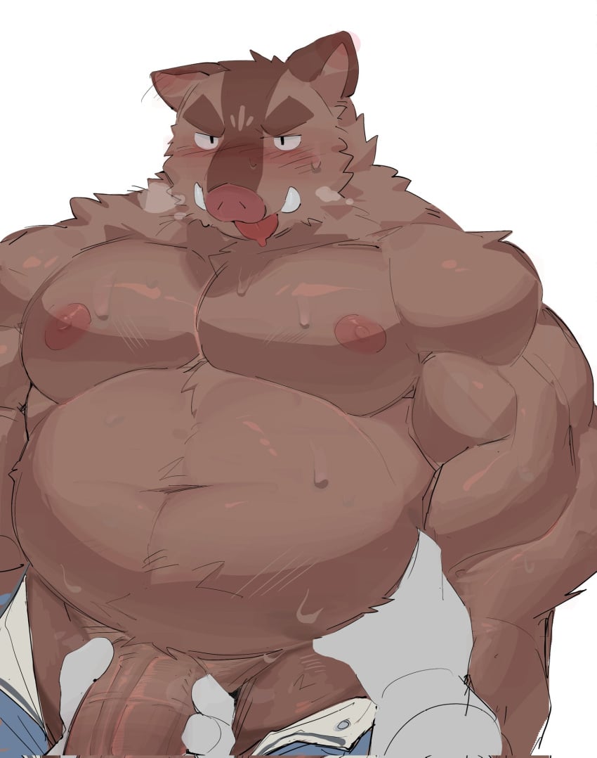 2024 anthro belly_grab blush erection genitals hermann_(knights_college) hi_res kemono knights_college lleeffff male mammal musclegut muscular overweight overweight_male penis simple_background suid suina sus_(pig) tongue tongue_out white_background wild_boar