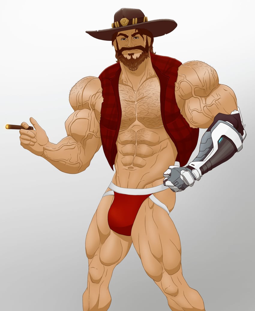 balls bara beard body_hair bulge cole_cassidy cybernetic_arm facial_hair flaccid jockstrap jondessins male male_only muscles muscular overwatch penis solo solo_male