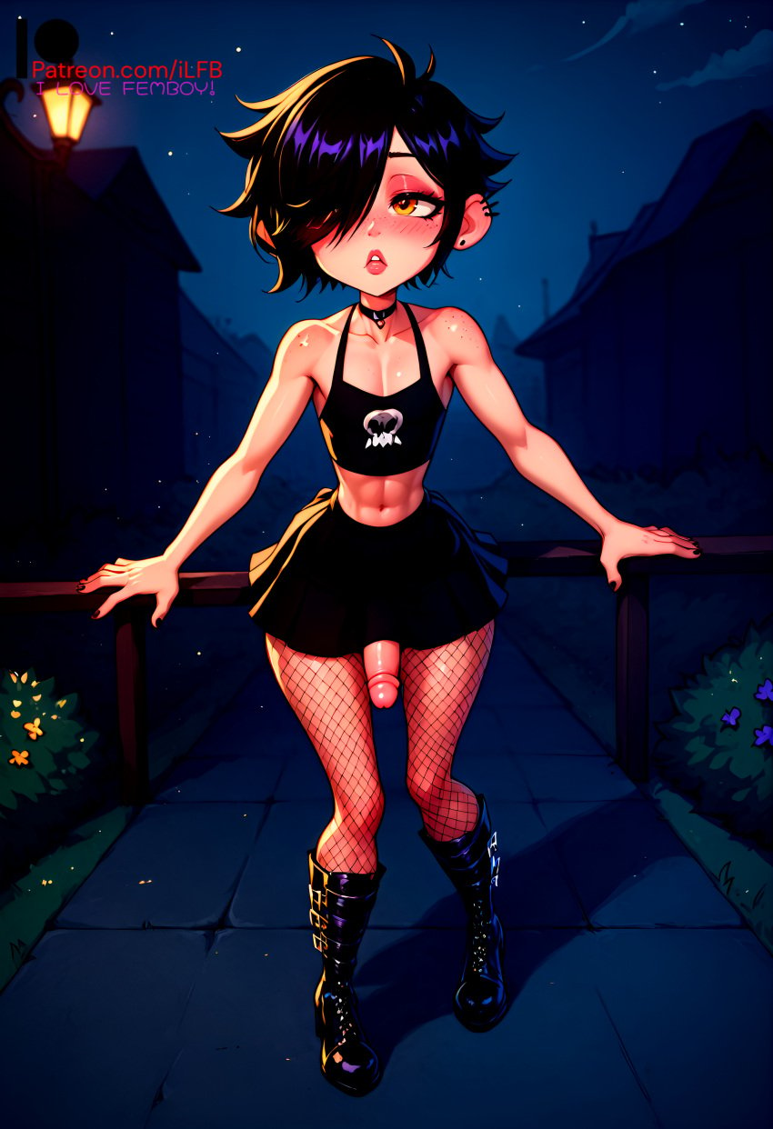 1boy ai_generated black_hair boots brown_eyes choker ear_piercing earrings exibitionism femboy flat_chest ilfb looking_away night petite petite_body public public_indecency public_nudity short_hair standing trap