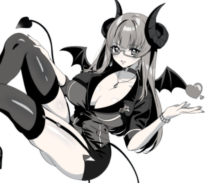 black_and_white cleavage clothed clothing demon demon_girl demon_horns demon_tail demon_wings large_breasts non-nude succubus tane_tenshi virtual_youtuber vtuber vtuberfanart