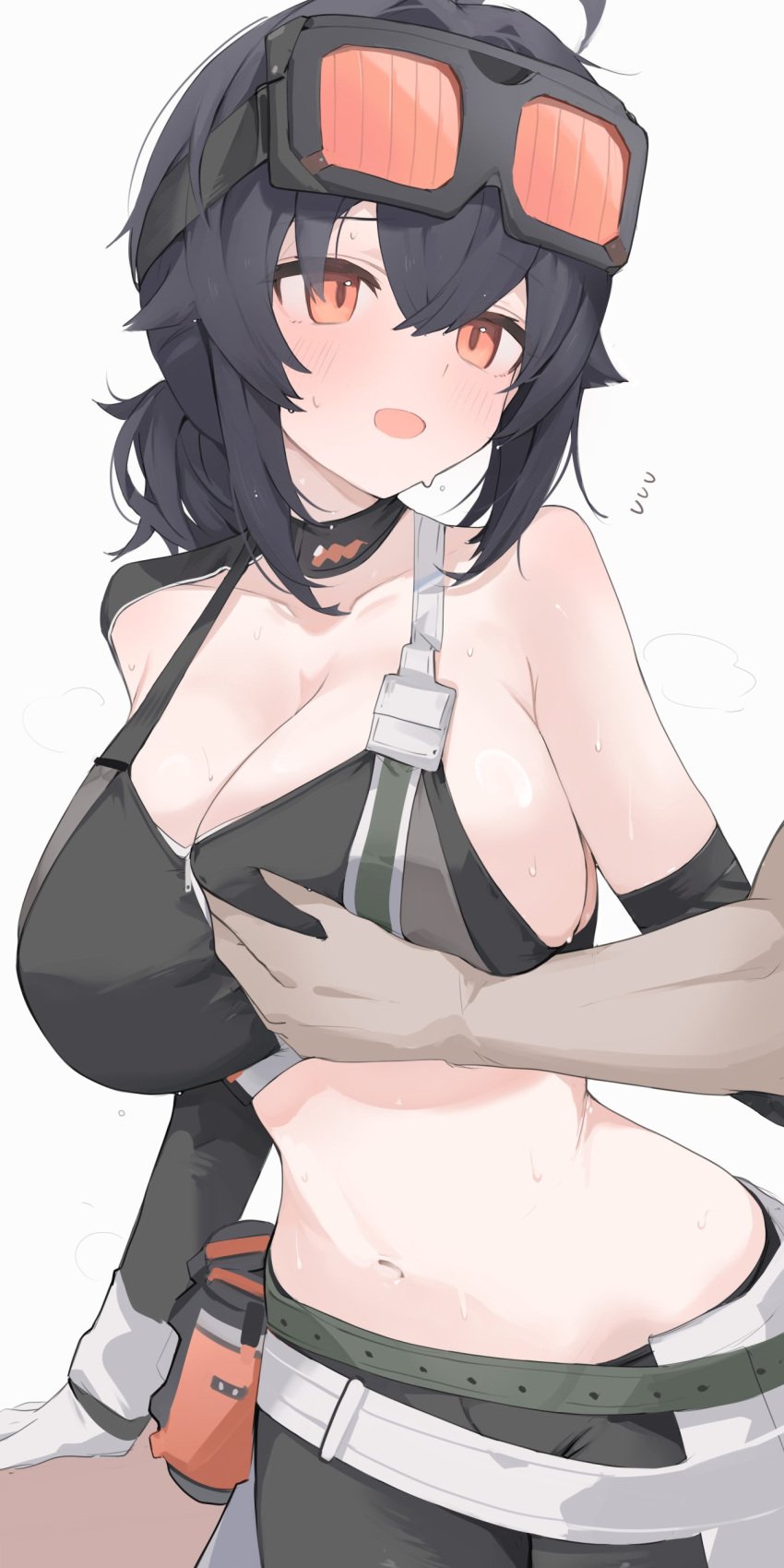 1boy 1girls absurdres black_hair black_tank_top breasts dark-skinned_male dark_skin eyewear_on_head female flying_sweatdrops goggles goggles_on_head grabbing_another's_breast grace_howard groping highres huge_breasts large_breasts low_ponytail medium_hair mikozin navel open_mouth orange_eyes simple_background tank_top zenless_zone_zero