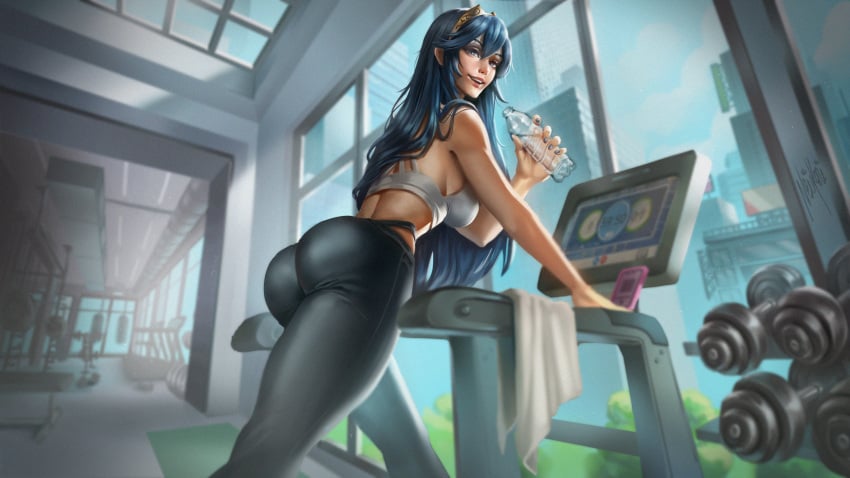 1girls 2d ass big_ass blue_eyes blue_hair bottle fire_emblem fire_emblem_awakening holding_object indoors looking_at_viewer lucina_(fire_emblem) medium_breasts neiakori nintendo sportswear tiara tight_clothing water working_out