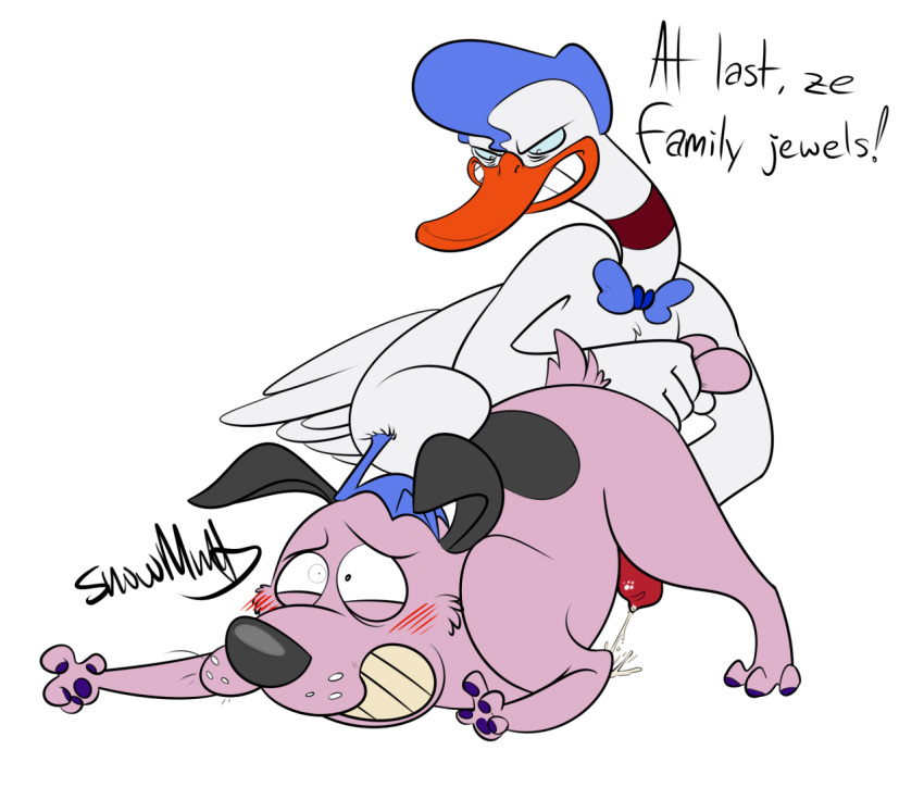 avian ball_grab ball_stretching balls bird blush bow_tie canine cartoon_network cock_and_ball_torture courage courage_the_cowardly_dog cum cumshot duck english_text feral le_quack male mammal orgasm pawpads paws simple_background snowmutt swan text white_background yaoi