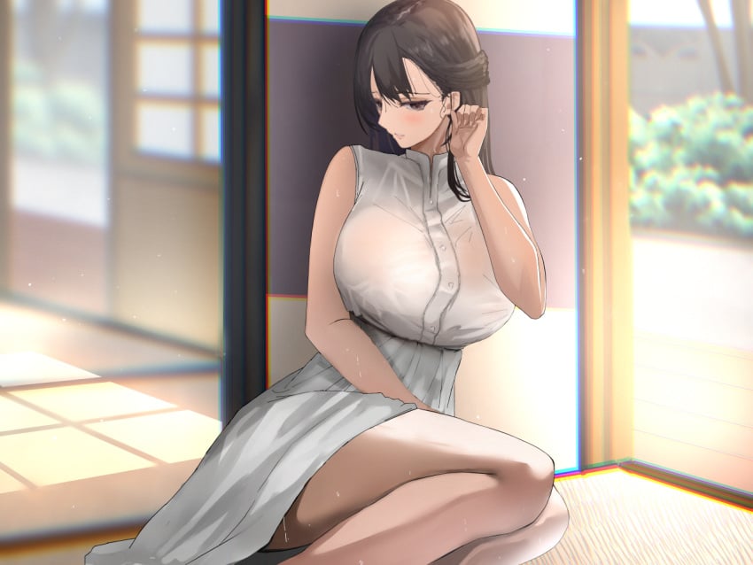 2d bare_arms bare_shoulders big_breasts black_hair blush breasts day dress feet_out_of_frame female kesoshirou large_breasts long_hair original parted_lips sleeveless solo sweat thighs white_dress