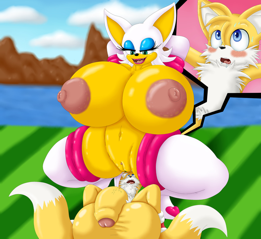 anthro balls bat big_balls big_breasts blue_eyes blush breasts canine clothing duo erect_nipples female flaccid foreskin fox fur furry_tail green_eyes heart huge_balls huge_breasts hyper hyper_balls hyper_breasts legwear male mammal multi_tail nipples open_mouth penis pose pussy raised_arm rouge_the_bat saliva senos sonic_(series) tail tails tails_the_fox thigh_highs uncircumcised