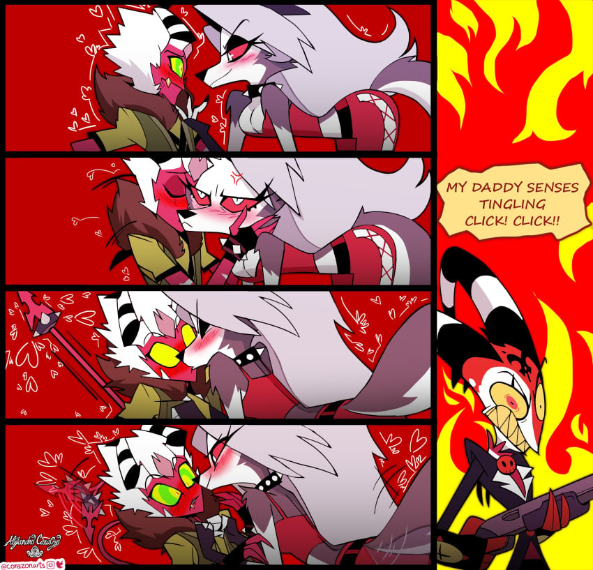 annoyed anthro anthro_on_anthro blitzo_(helluva_boss) canid canid_demon canine comic corazonarts demon duo eye_contact female fire hellhound helluva_boss hi_res imp kiss_on_cheek kissing looking_at_another loona_(helluva_boss) male male/female male_anthro mammal seductive tail tail_wagging