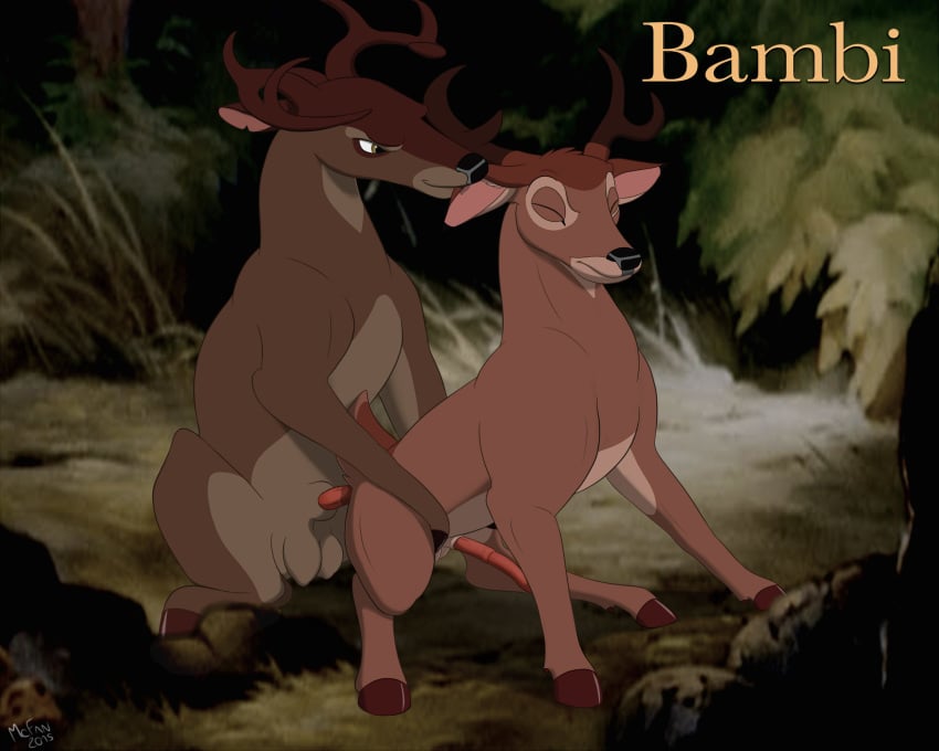 2boys anal anal_sex animal_genitalia antlers bambi_(character) bambi_(film) cervine_penis closed_eyes crouching deer disney duo ear_biting erection feral forest from_behind gay hooves horn lemon_testicles male male_only mcfan naughty_face outdoors penetration penis quadruped ronno signature straining testicles tree yaoi