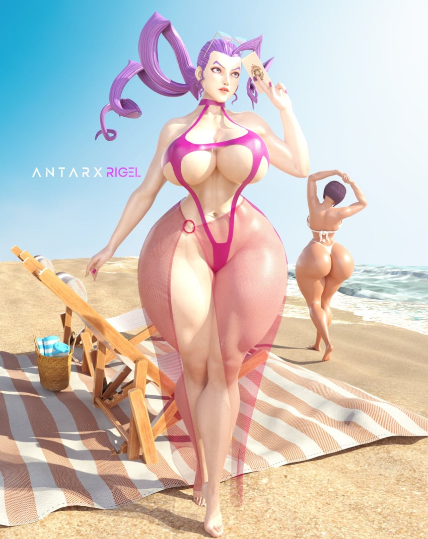 1girls antarxrigel beach bikini huge_breasts menat purple_hair rose_(street_fighter) street_fighter tagme thick_thighs voluptuous wide_hips