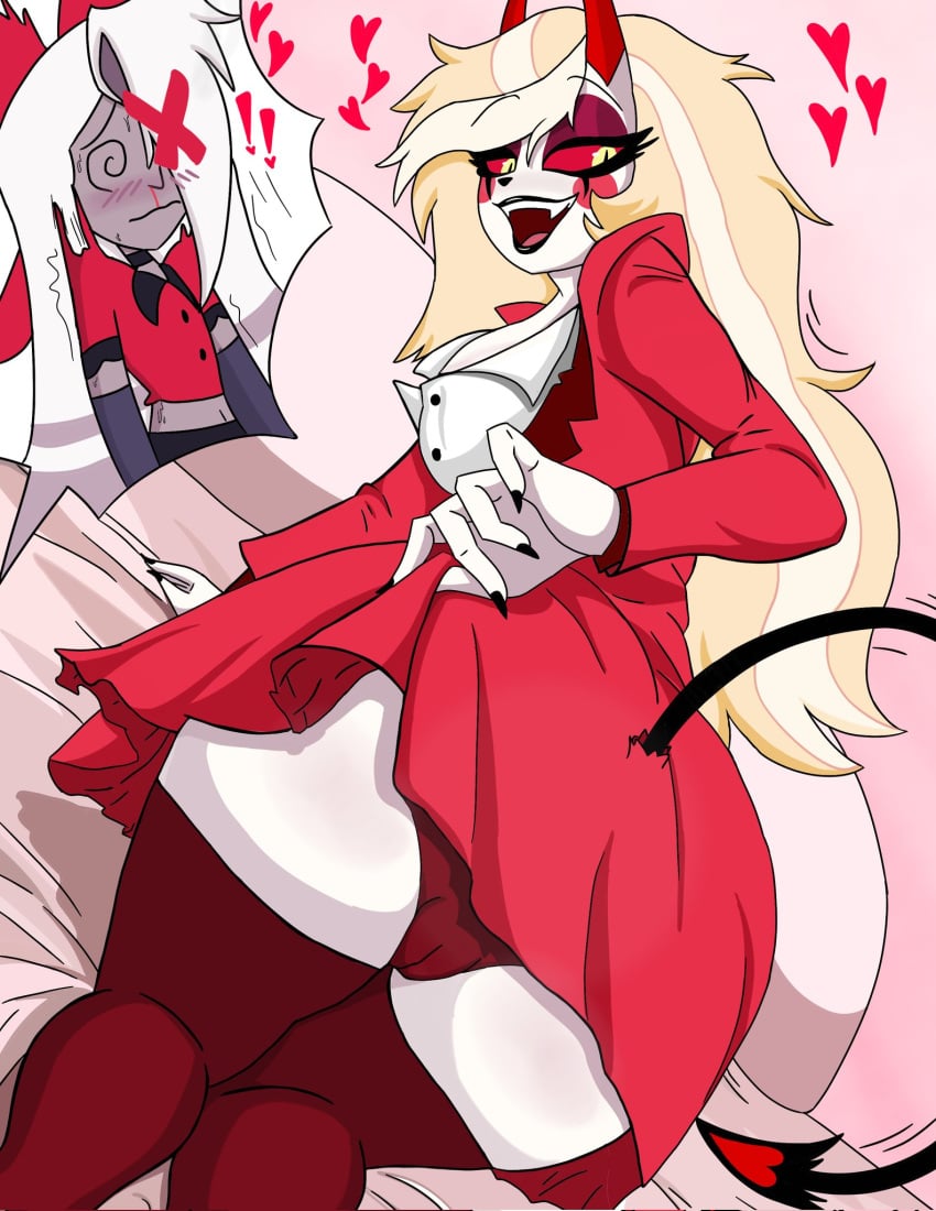 angel canon_couple charlie_morningstar_(hazbin_hotel) demon demon_girl demon_horns demon_tail fangs hazbin_hotel lifting_dress panties red_panties teasing upskirt vaggie_(hazbin_hotel)