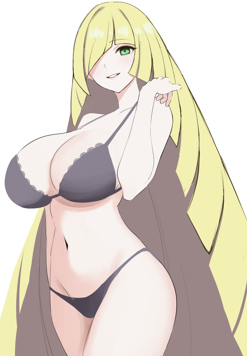 big_breasts blonde_hair breasts curvy_female curvy_figure green_eyes hair_over_one_eye lingerie lusamine_(pokemon) milf pokemon pokemon_sm surippa1010 thighs