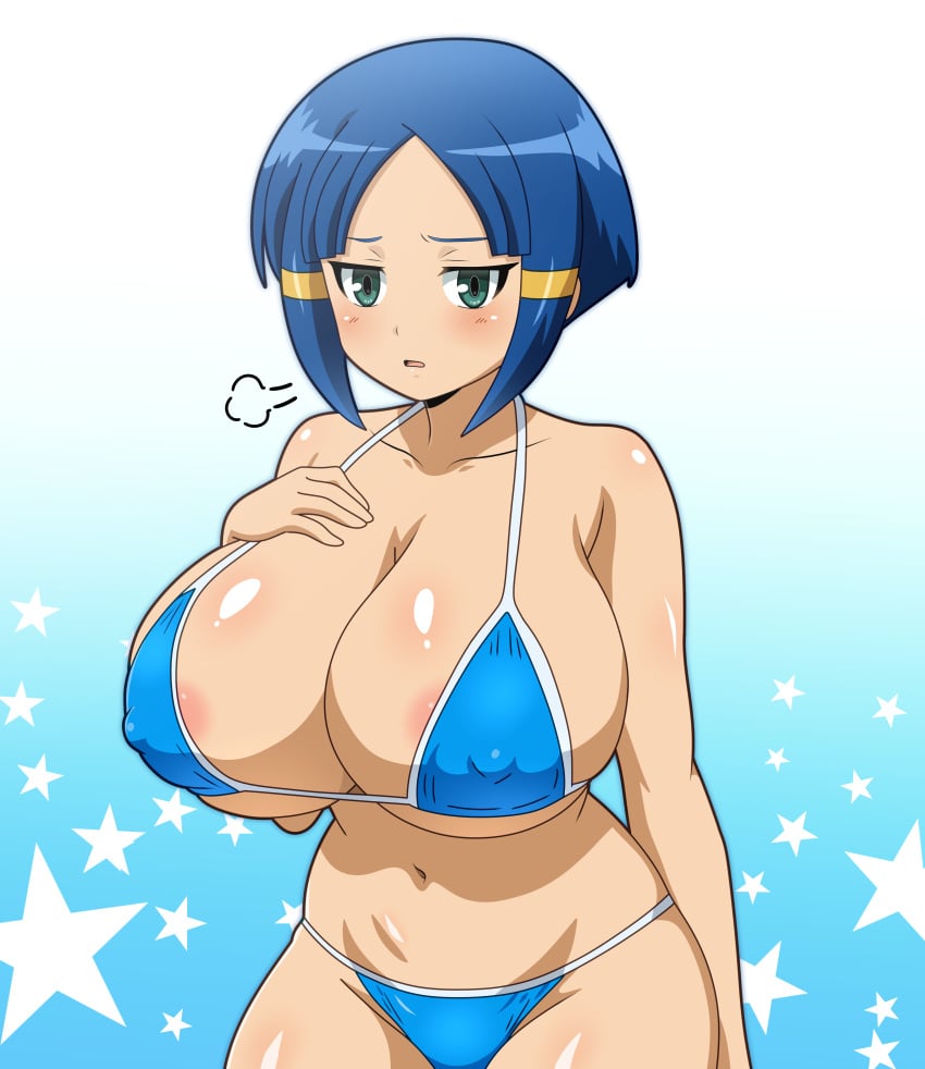 1girls big_breasts bikini blue_bikini blue_hair blush claire_lesnow female green_eyes inazuma_eleven kurakake_clara light-skinned_female light_skin nipple_bulge short_hair snowpowder198 solo solo_female star